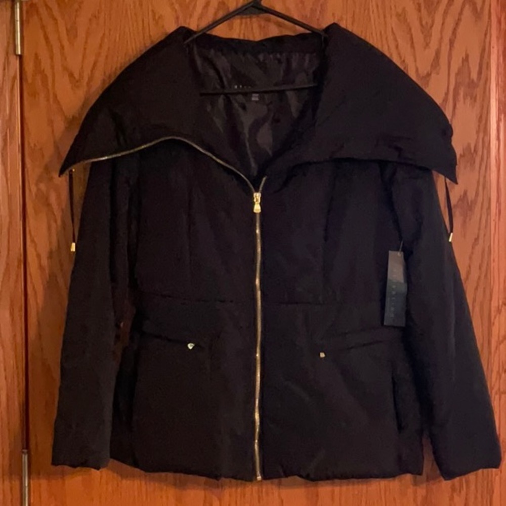 attention Black Jacket Four Front Pockets Zipper Closure